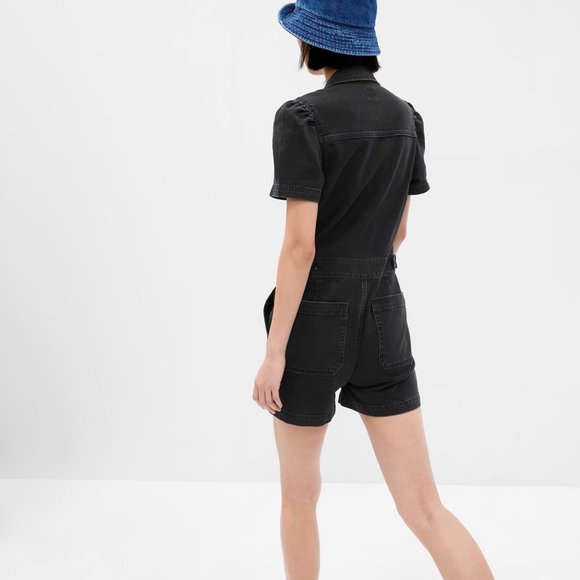 0P Puff Sleeve Denim Romper with Washwell - Picture 2 of 5